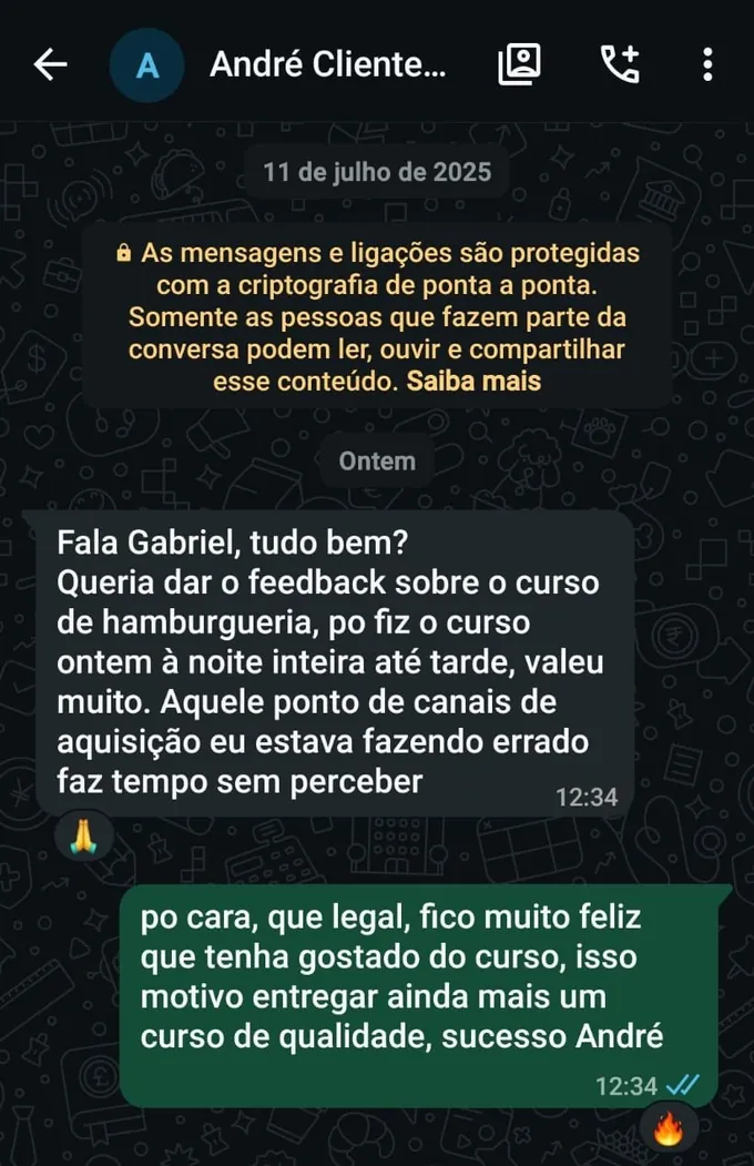 Depoimento do André, aluno da Formação de Elite Hamburgueria Delivery, sobre o feedback do curso