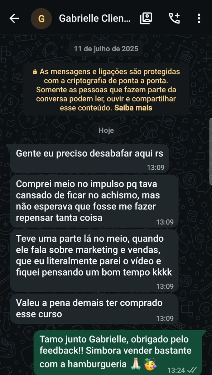 Depoimento da Gabrielle, aluna da Formação de Elite Hamburgueria Delivery, agradecendo pelo curso