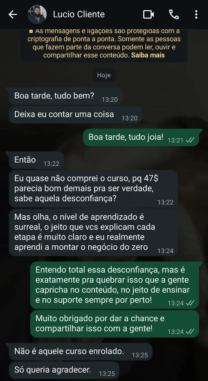 Depoimento do Lucio, aluno da Formação de Elite Hamburgueria Delivery, agradecendo pela clareza do conteúdo