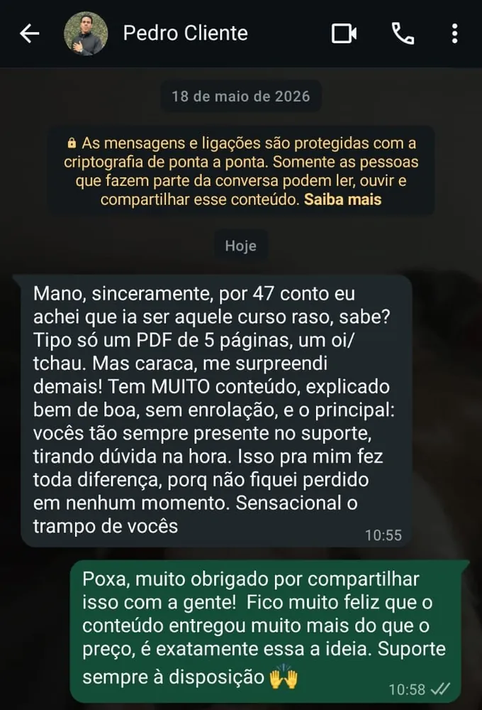 Depoimento do Pedro, aluno da Formação de Elite Hamburgueria Delivery, elogiando o conteúdo e o suporte